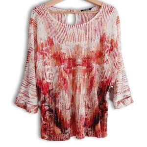 NIC + ZOE / Linen Blend Scoop Neck Semisheer Light Top Abstract Red & Cream Sz L